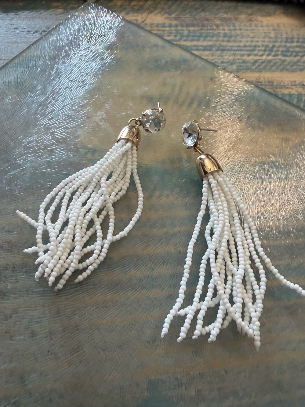 White Beaded Tassel Drop Earrings - Unbranded